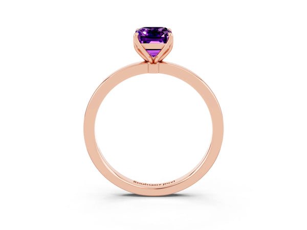 Rose gold Emerald Cut Amethyst Solitaire Ring with Thin Band and Prong Setting