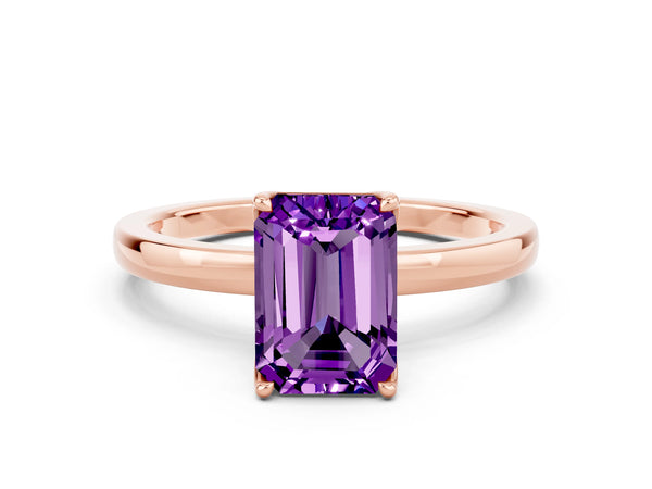Rose gold Emerald Cut Amethyst Solitaire Ring with Thin Band and Prong Setting