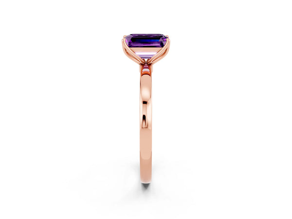 Rose gold Emerald Cut Amethyst Solitaire Ring with Thin Band and Prong Setting
