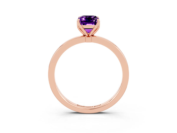 Rose gold Emerald Cut Amethyst Solitaire Ring with Thin Band and Prong Setting