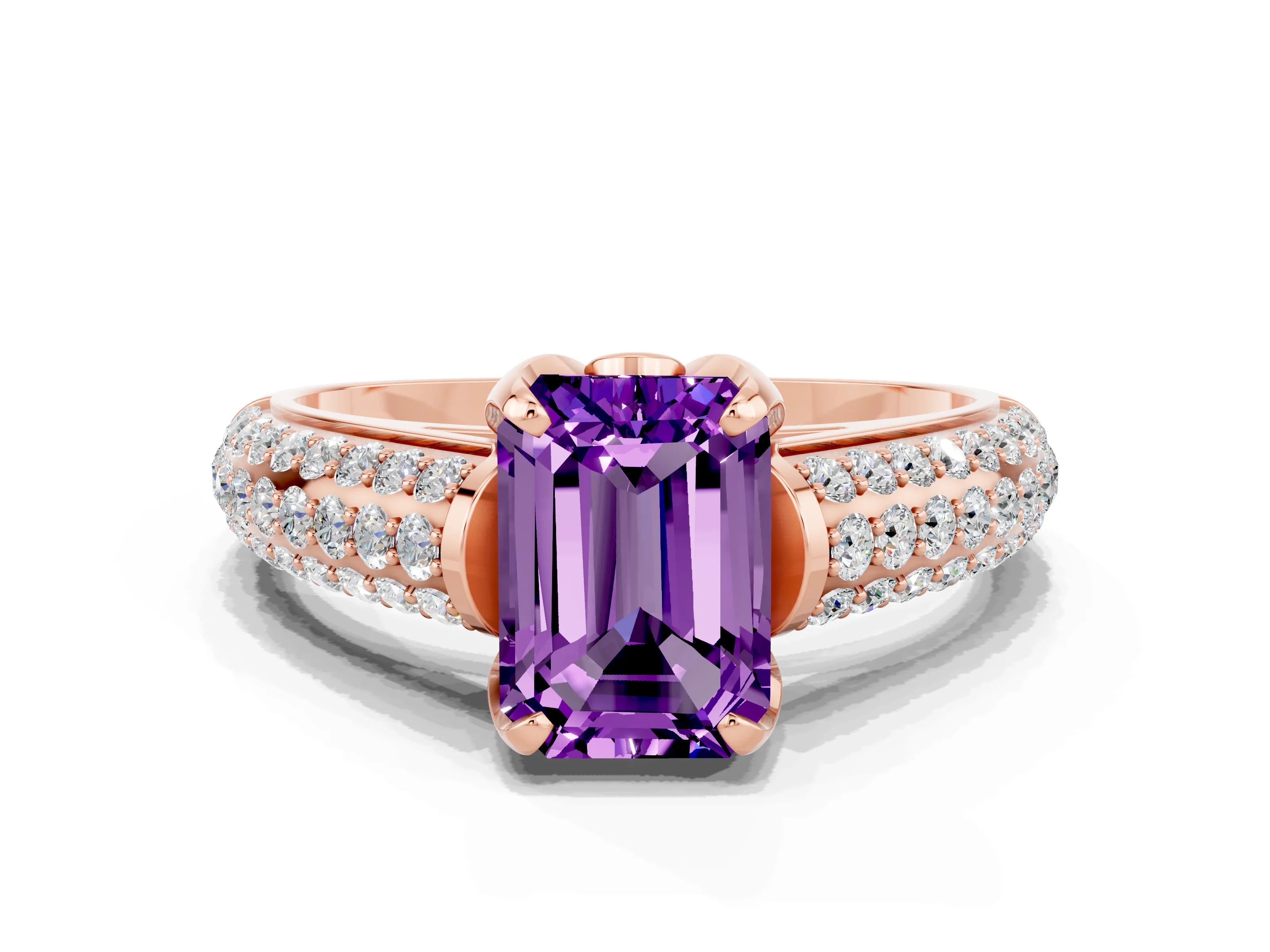 Rose gold Emerald Cut Amethyst Solitaire Ring with Three-Row Pavé Band and Four-Prong Setting_12