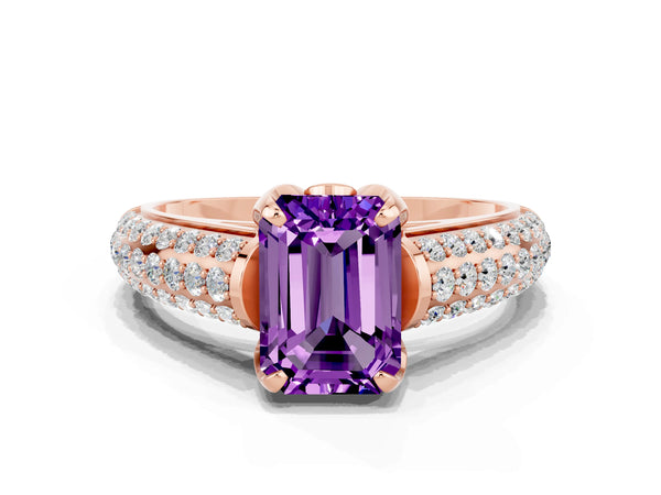Rose gold Emerald Cut Amethyst Solitaire Ring with Three-Row Pavé Band and Four-Prong Setting