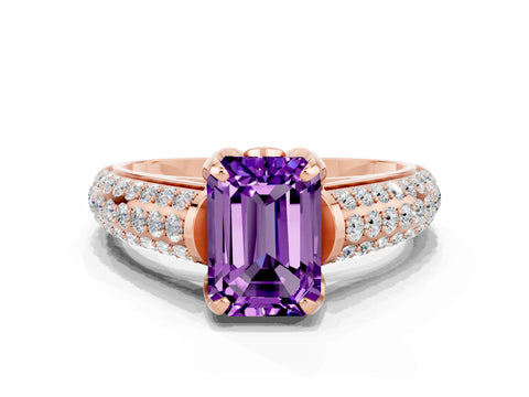 Rose gold Emerald Cut Amethyst Solitaire Ring with Three-Row Pavé Band and Four-Prong Setting_12
