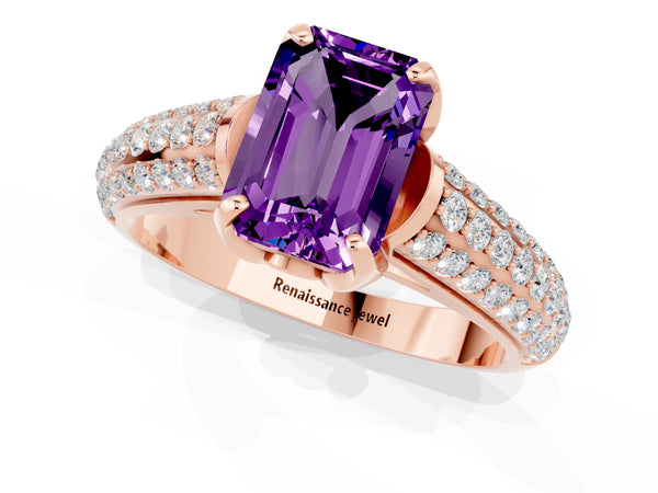 Rose gold Emerald Cut Amethyst Solitaire Ring with Three-Row Pavé Band and Four-Prong Setting