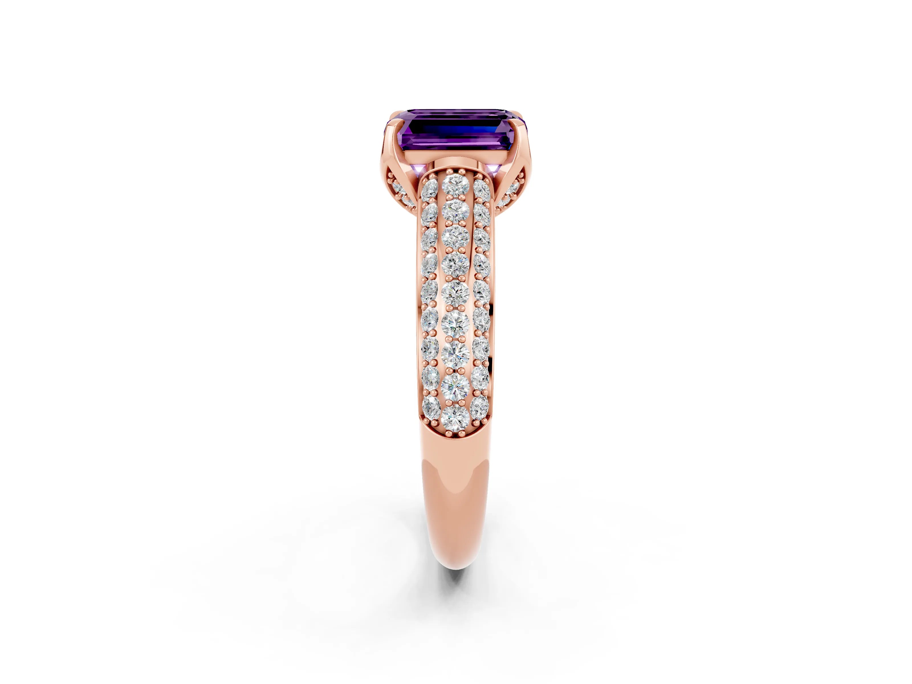 Rose gold Emerald Cut Amethyst Solitaire Ring with Three-Row Pavé Band and Four-Prong Setting_14