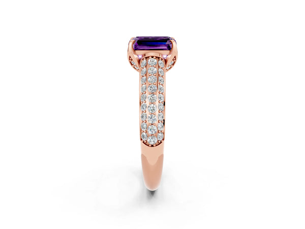 Rose gold Emerald Cut Amethyst Solitaire Ring with Three-Row Pavé Band and Four-Prong Setting