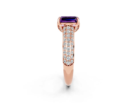 Rose gold Emerald Cut Amethyst Solitaire Ring with Three-Row Pavé Band and Four-Prong Setting_14