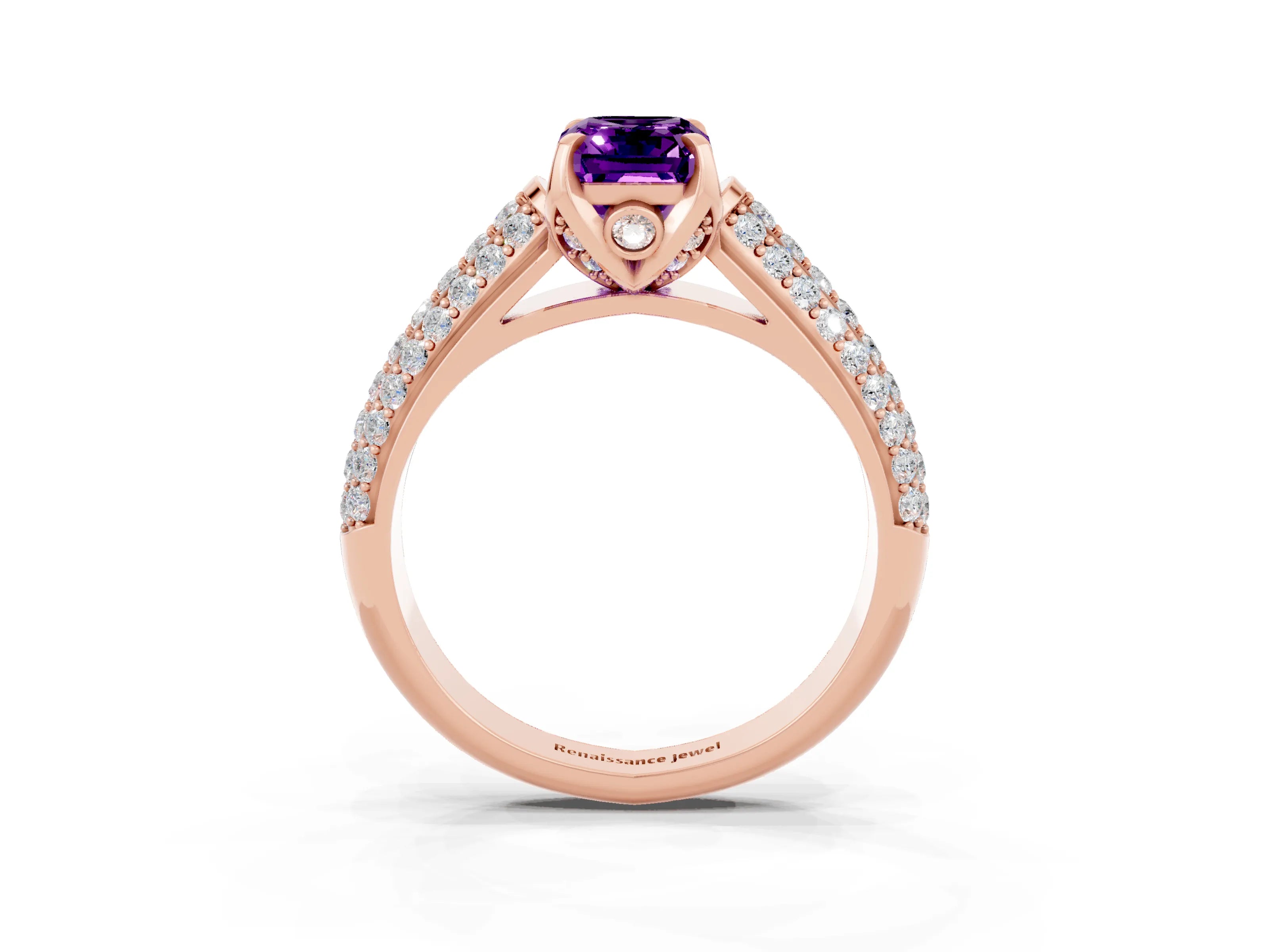 Rose gold Emerald Cut Amethyst Solitaire Ring with Three-Row Pavé Band and Four-Prong Setting_15