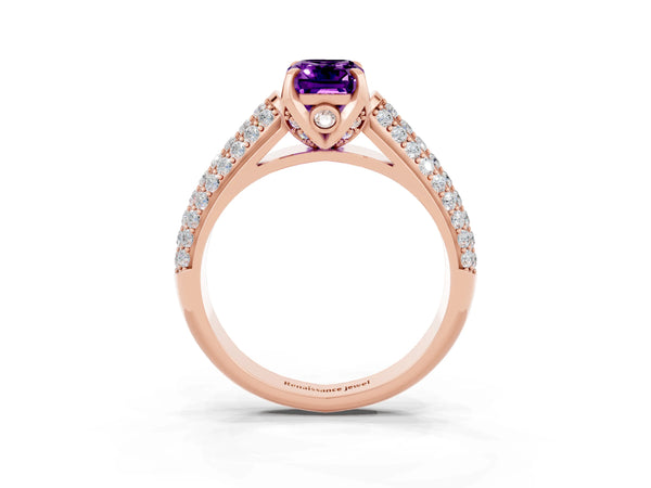 Rose gold Emerald Cut Amethyst Solitaire Ring with Three-Row Pavé Band and Four-Prong Setting