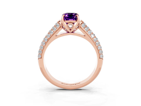 Rose gold Emerald Cut Amethyst Solitaire Ring with Three-Row Pavé Band and Four-Prong Setting_15