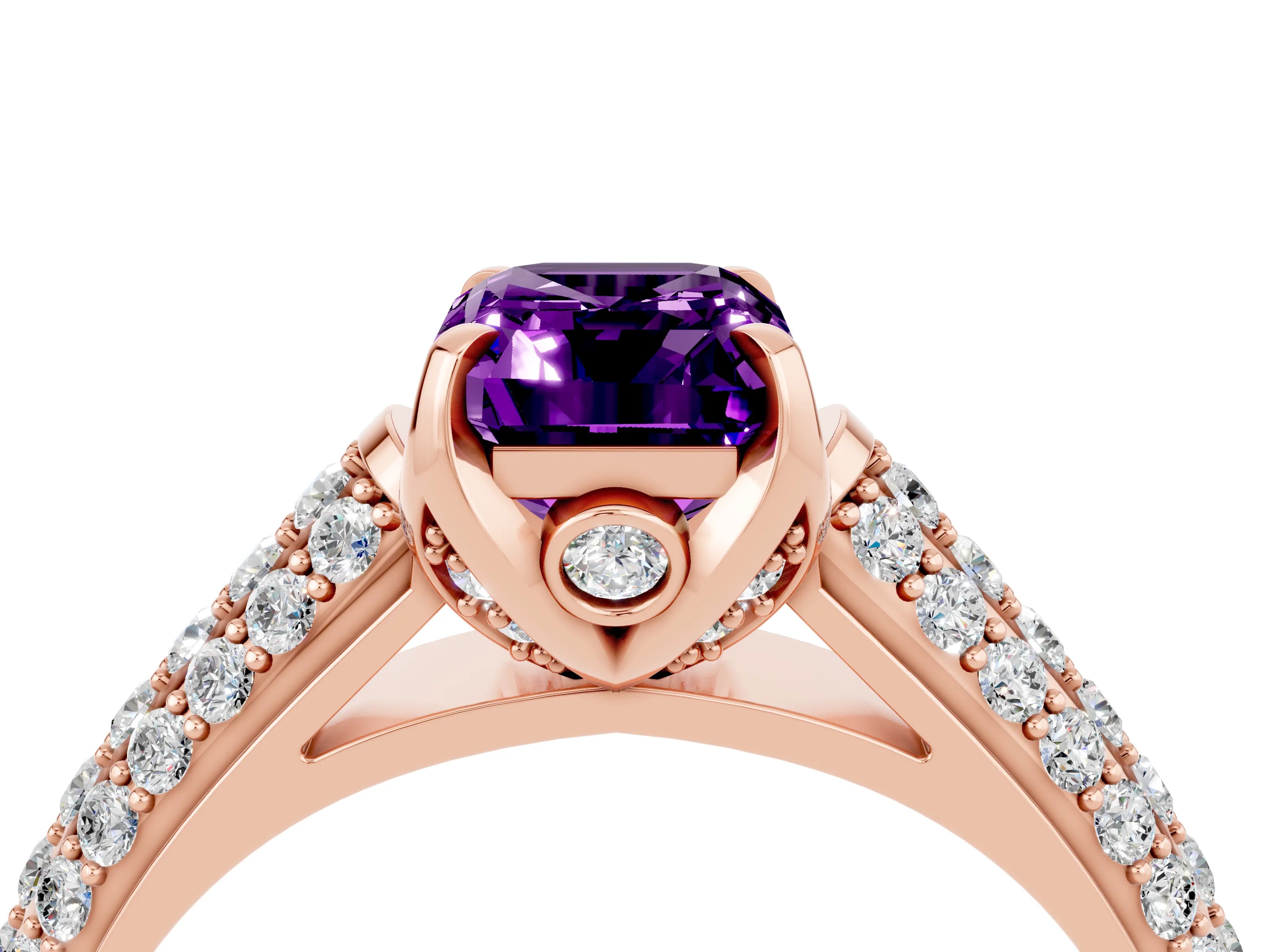 Rose gold Emerald Cut Amethyst Solitaire Ring with Three-Row Pavé Band and Four-Prong Setting_16