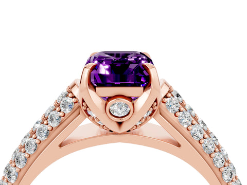 Rose gold Emerald Cut Amethyst Solitaire Ring with Three-Row Pavé Band and Four-Prong Setting_16