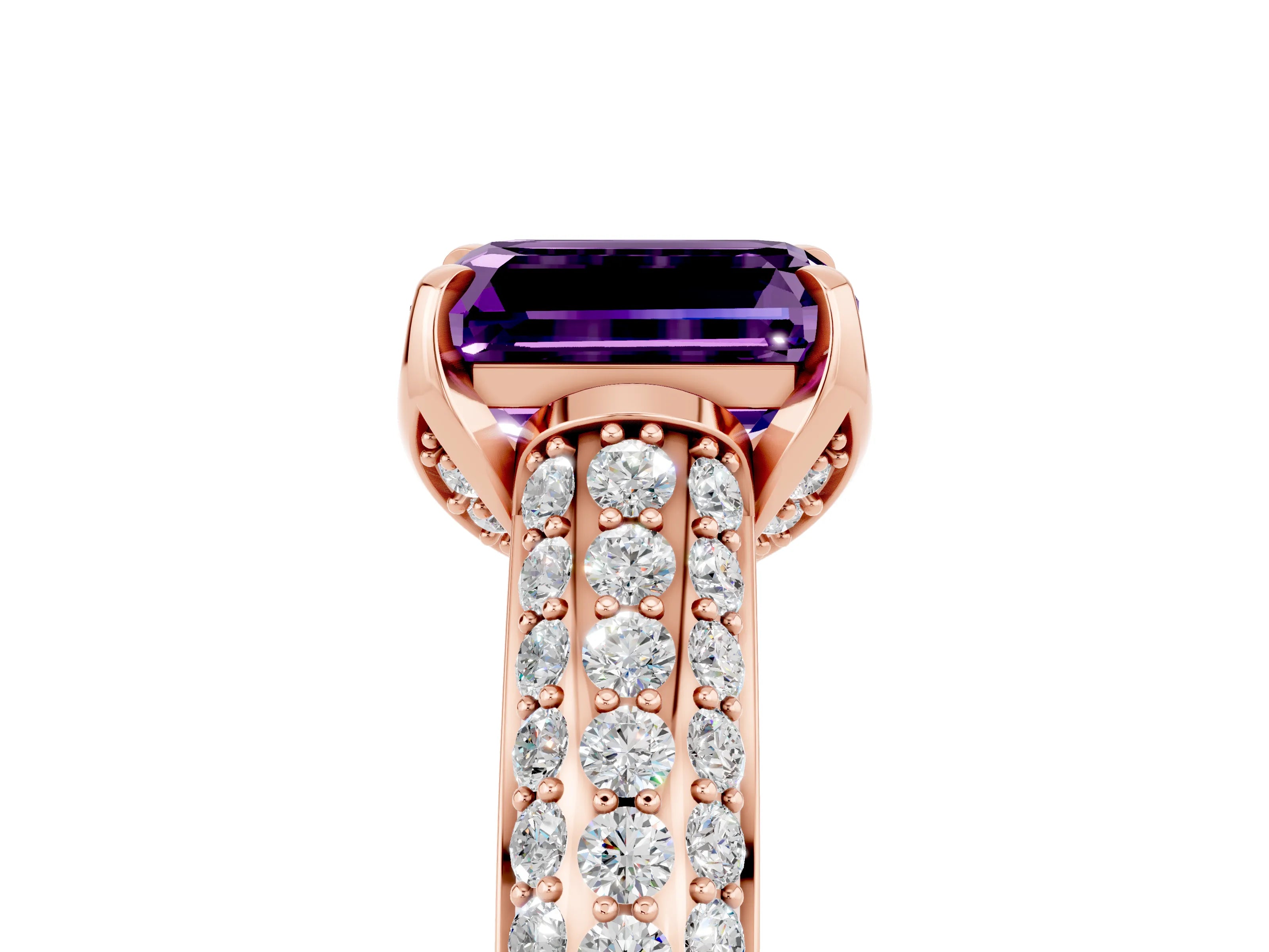 Rose gold Emerald Cut Amethyst Solitaire Ring with Three-Row Pavé Band and Four-Prong Setting_17