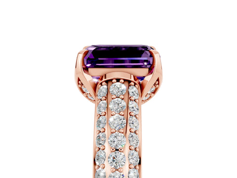 Rose gold Emerald Cut Amethyst Solitaire Ring with Three-Row Pavé Band and Four-Prong Setting_17