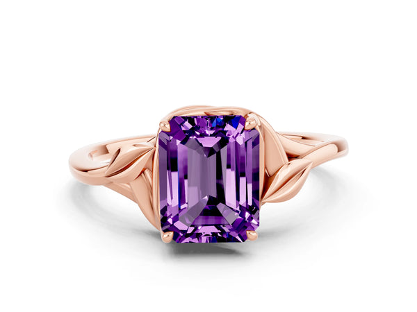 Rose gold Emerald Cut Amethyst Solitaire Ring with Twist Band and Four-Prong Setting