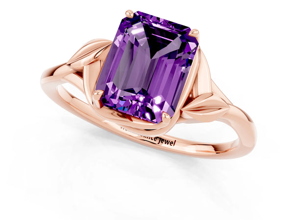 Rose gold Emerald Cut Amethyst Solitaire Ring with Twist Band and Four-Prong Setting