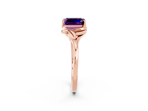 Rose gold Emerald Cut Amethyst Solitaire Ring with Twist Band and Four-Prong Setting