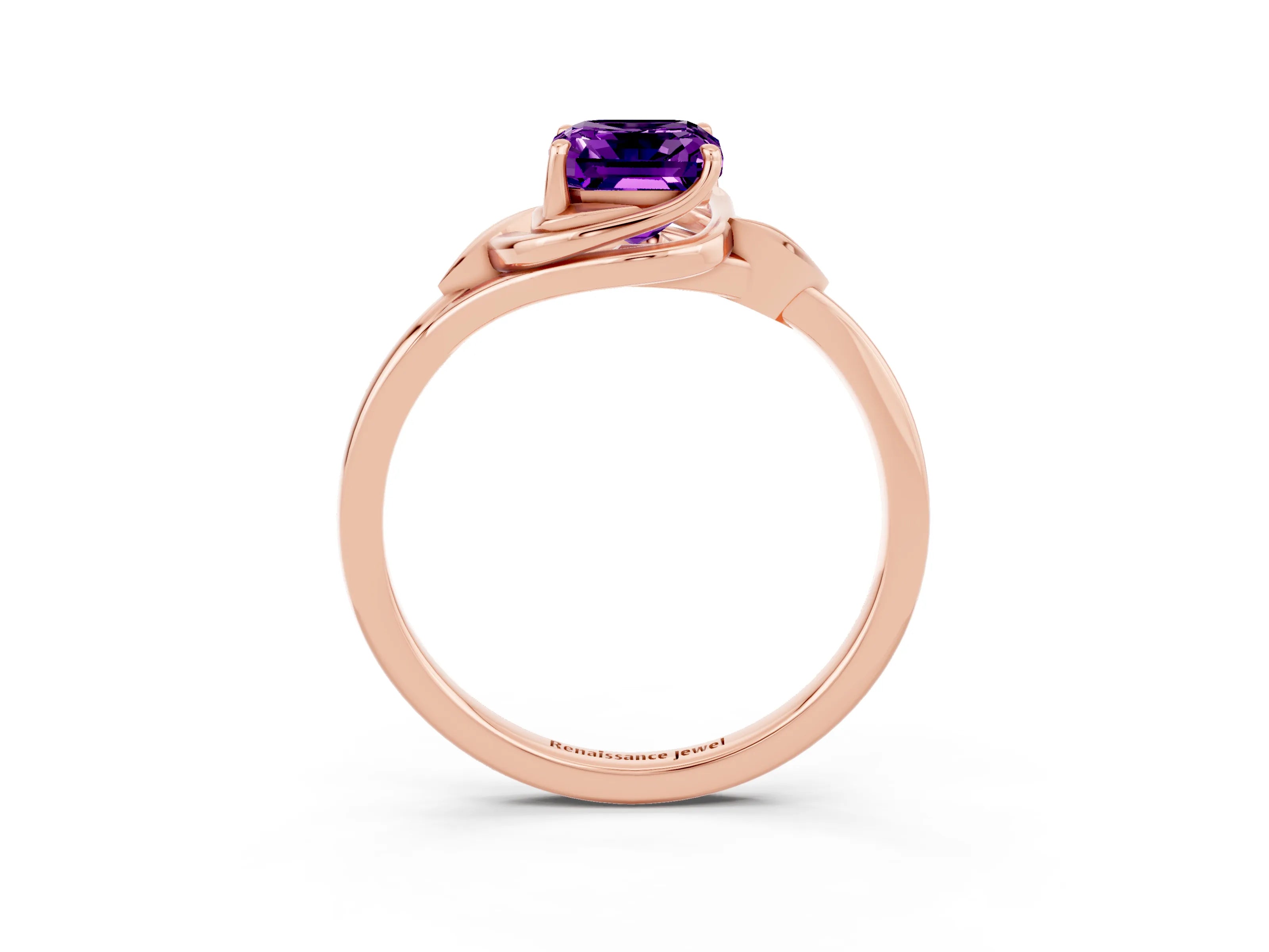 Rose gold Emerald Cut Amethyst Solitaire Ring with Twist Band and Four-Prong Setting_27