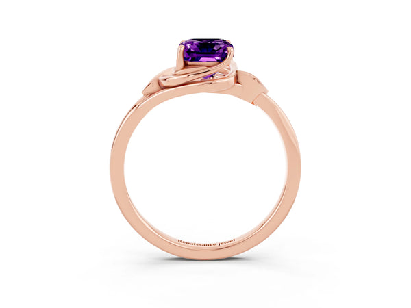 Rose gold Emerald Cut Amethyst Solitaire Ring with Twist Band and Four-Prong Setting