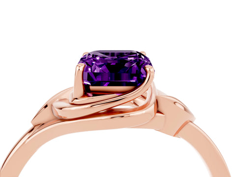 Rose gold Emerald Cut Amethyst Solitaire Ring with Twist Band and Four-Prong Setting_28