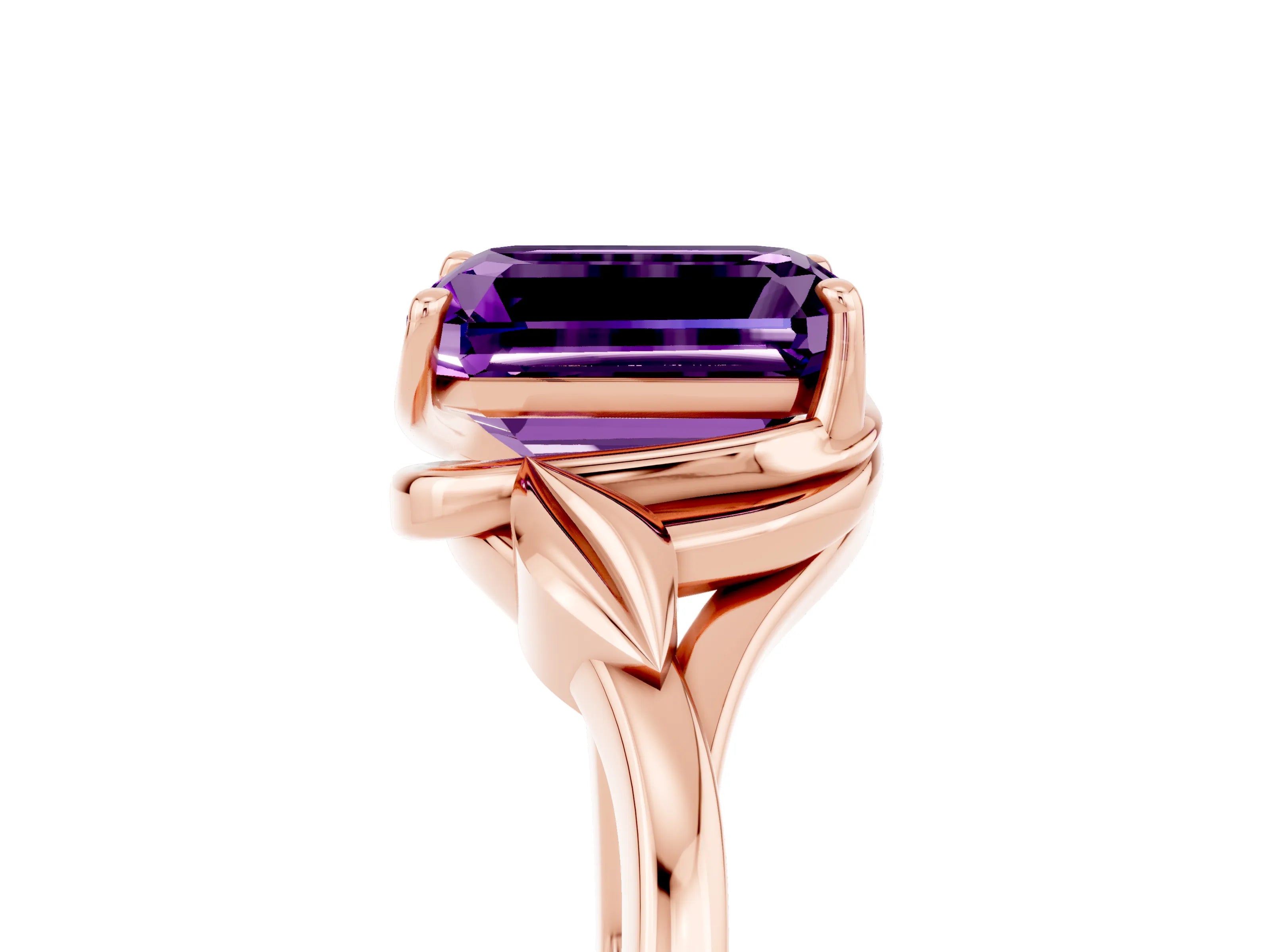 Rose gold Emerald Cut Amethyst Solitaire Ring with Twist Band and Four-Prong Setting_29