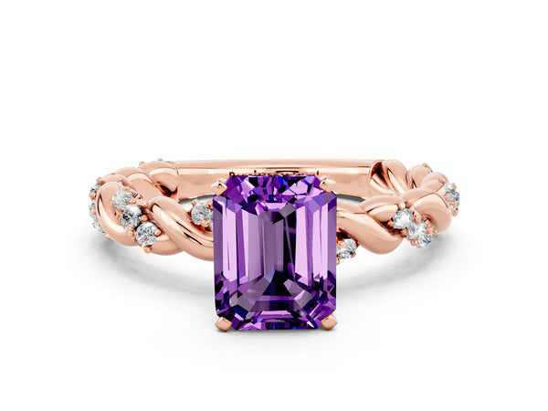 Rose gold Emerald Cut Amethyst Solitaire Ring with Twisted Band and Pavé Accents