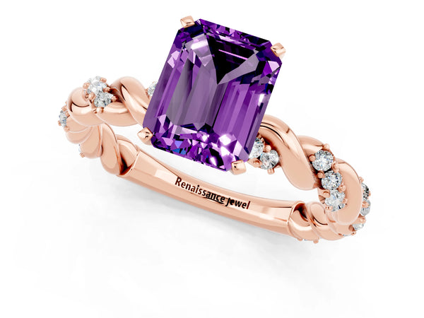 Rose gold Emerald Cut Amethyst Solitaire Ring with Twisted Band and Pavé Accents