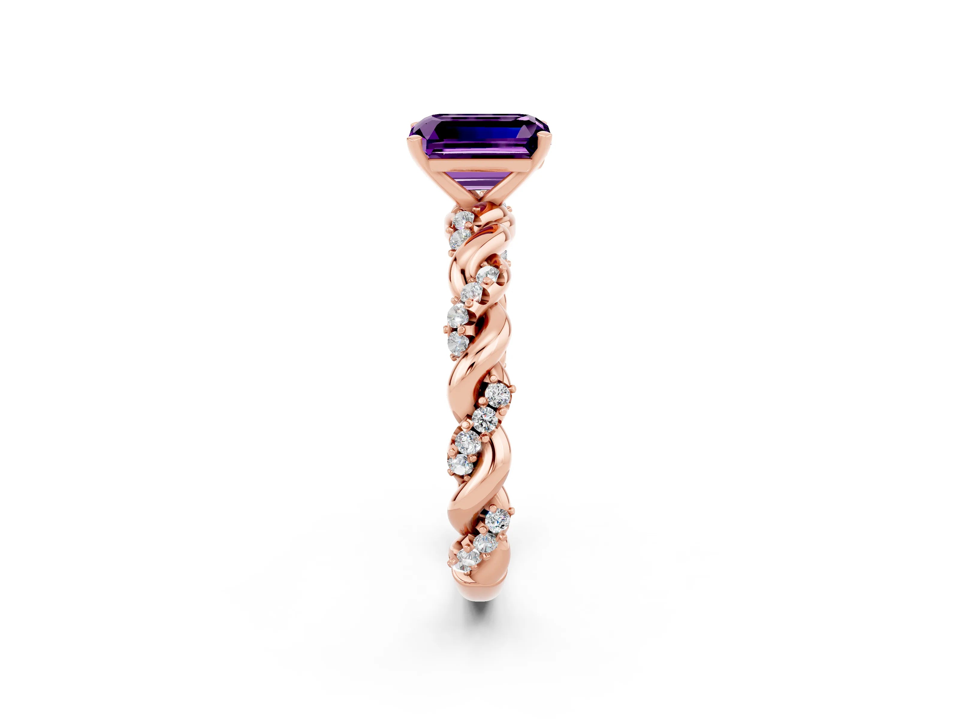 Rose gold Emerald Cut Amethyst Solitaire Ring with Twisted Band and Pavé Accents_2