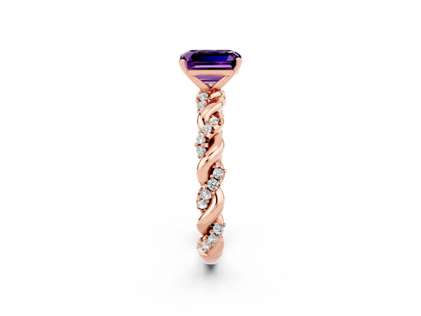 Rose gold Emerald Cut Amethyst Solitaire Ring with Twisted Band and Pavé Accents