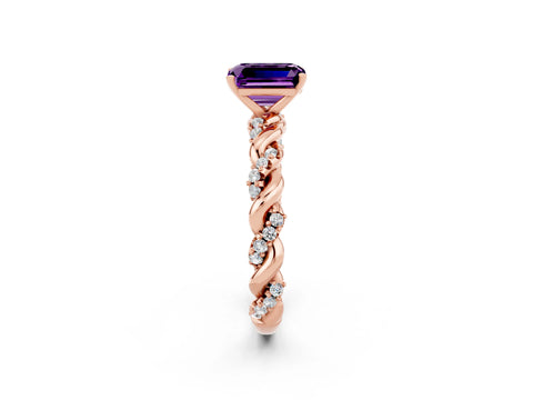 Rose gold Emerald Cut Amethyst Solitaire Ring with Twisted Band and Pavé Accents_2