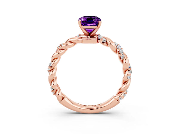 Rose gold Emerald Cut Amethyst Solitaire Ring with Twisted Band and Pavé Accents