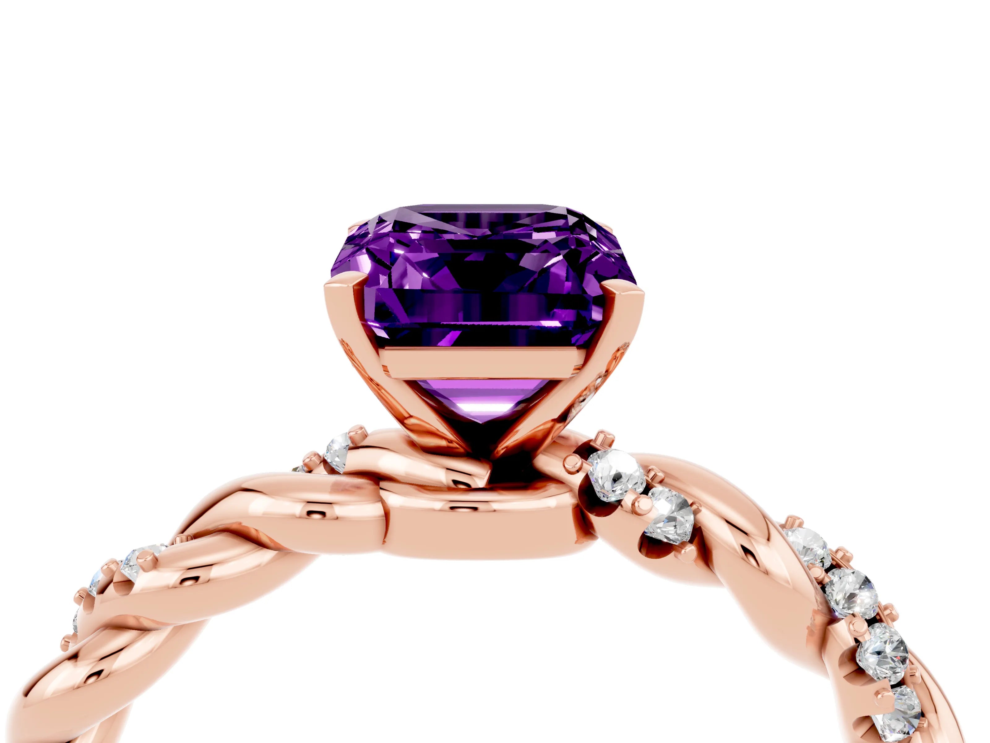 Rose gold Emerald Cut Amethyst Solitaire Ring with Twisted Band and Pavé Accents_4