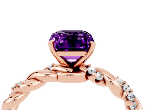 Rose gold Emerald Cut Amethyst Solitaire Ring with Twisted Band and Pavé Accents_4