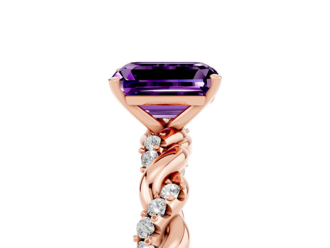 Rose gold Emerald Cut Amethyst Solitaire Ring with Twisted Band and Pavé Accents_5