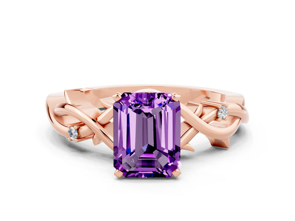 Rose gold Emerald Cut Amethyst Solitaire Ring with Twisted Band and Prong Setting