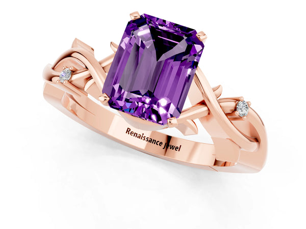 Rose gold Emerald Cut Amethyst Solitaire Ring with Twisted Band and Prong Setting