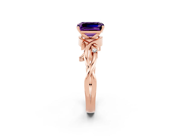 Rose gold Emerald Cut Amethyst Solitaire Ring with Twisted Band and Prong Setting