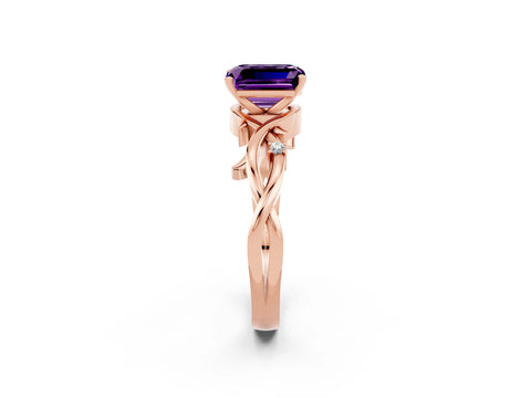 Rose gold Emerald Cut Amethyst Solitaire Ring with Twisted Band and Prong Setting_2