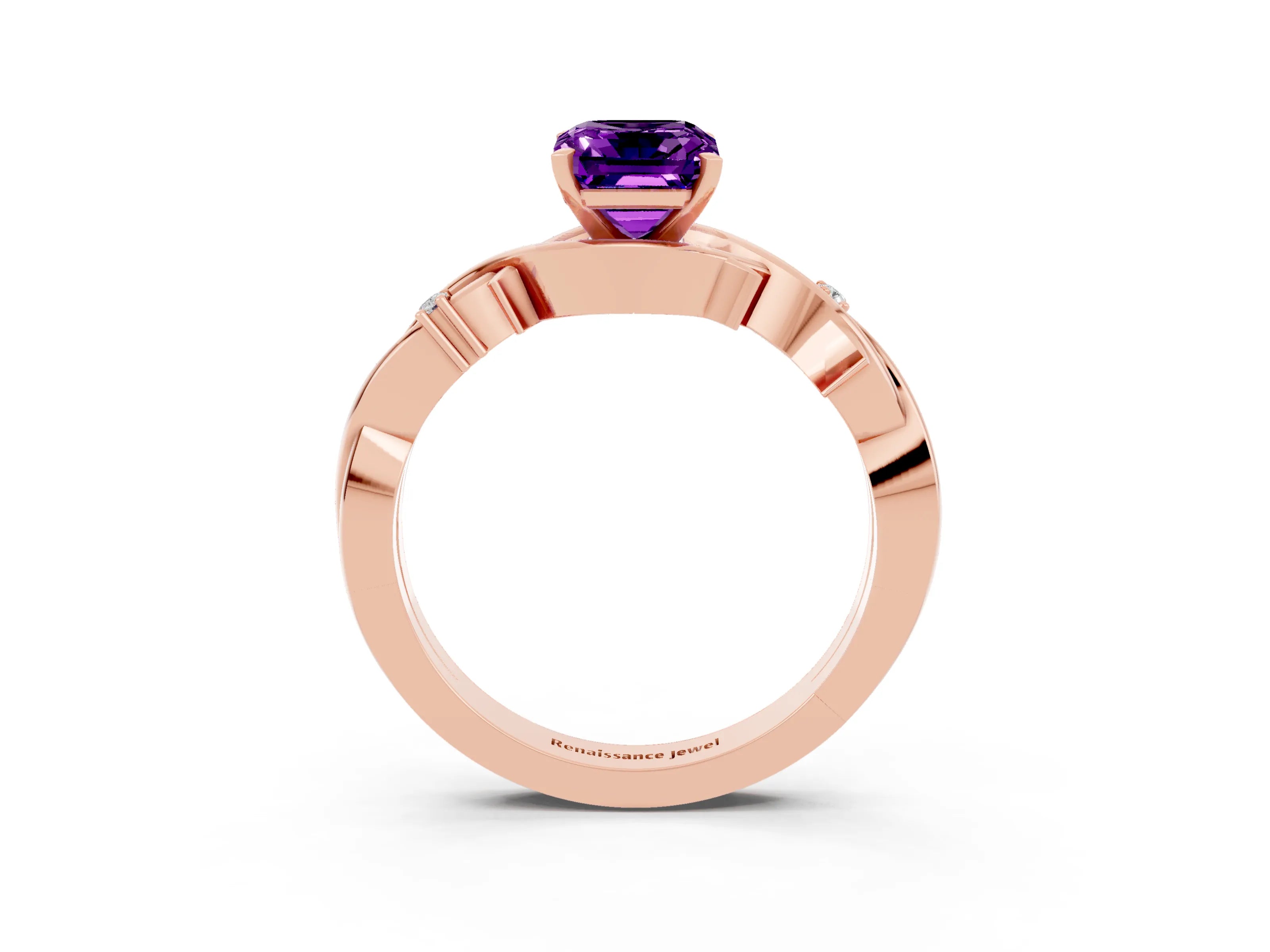 Rose gold Emerald Cut Amethyst Solitaire Ring with Twisted Band and Prong Setting_3