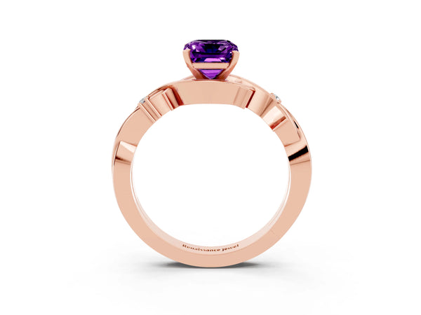 Rose gold Emerald Cut Amethyst Solitaire Ring with Twisted Band and Prong Setting