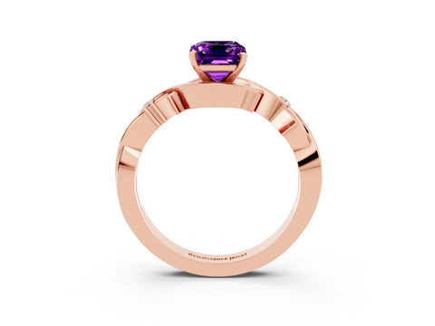 Rose gold Emerald Cut Amethyst Solitaire Ring with Twisted Band and Prong Setting_3