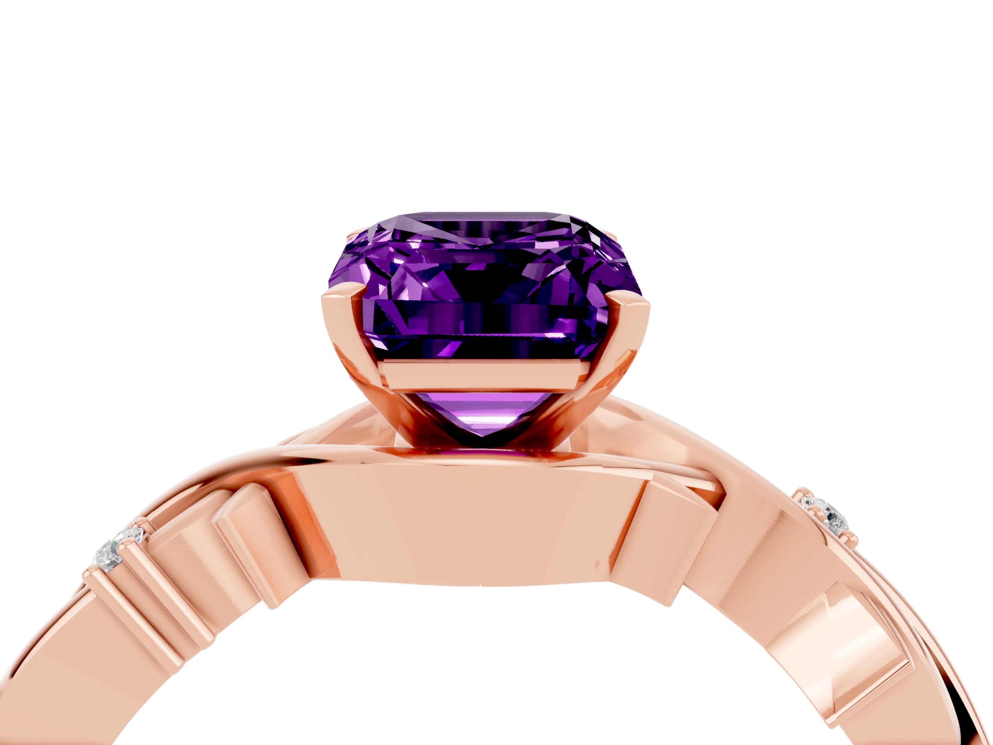 Rose gold Emerald Cut Amethyst Solitaire Ring with Twisted Band and Prong Setting_4