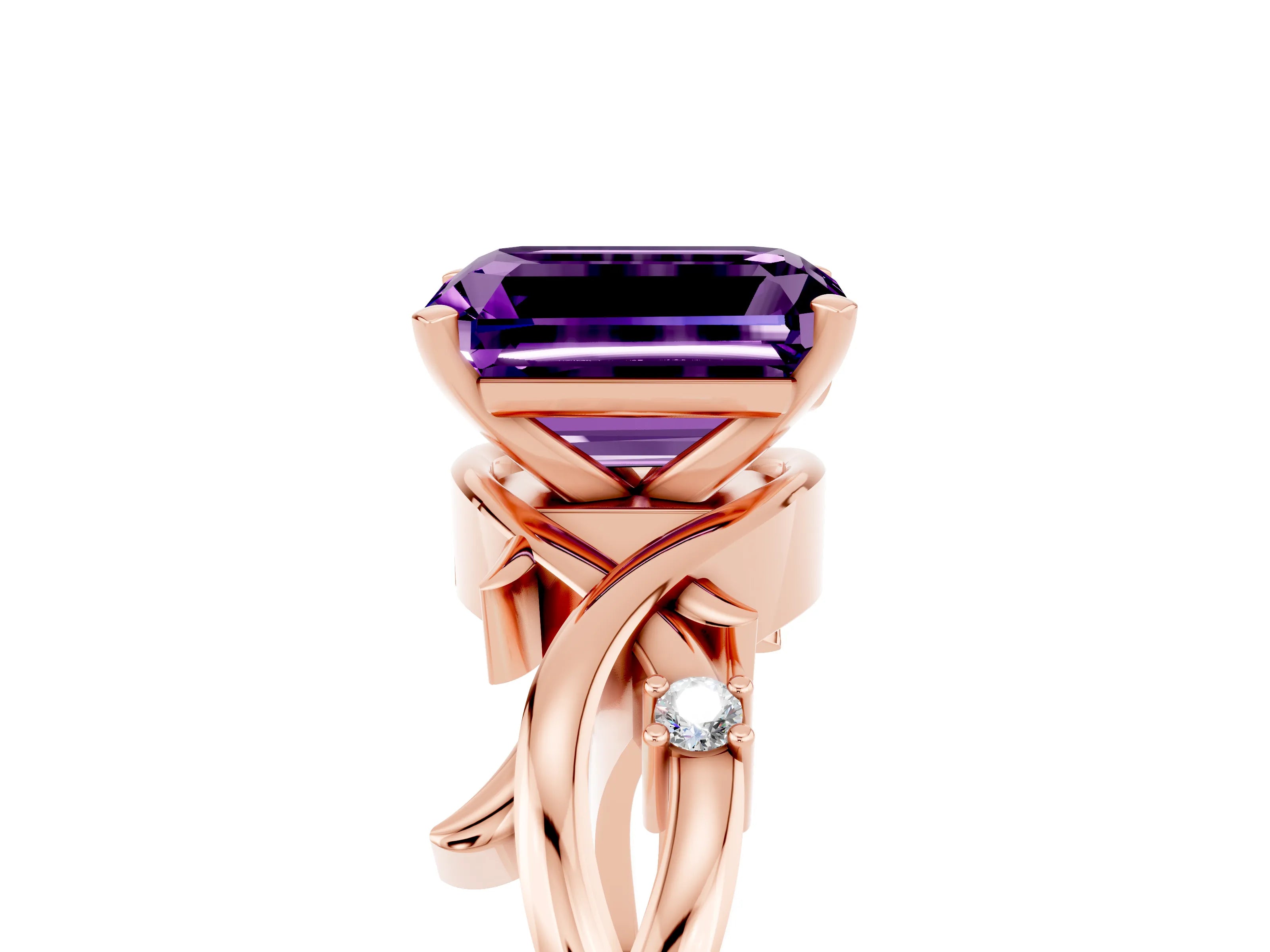 Rose gold Emerald Cut Amethyst Solitaire Ring with Twisted Band and Prong Setting_5