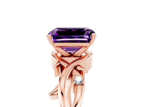 Rose gold Emerald Cut Amethyst Solitaire Ring with Twisted Band and Prong Setting_5