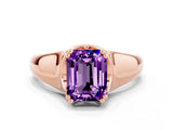 Rose gold Emerald Cut Amethyst Solitaire Ring with Wide Band and Prong Setting