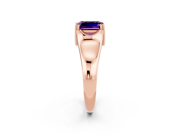 Rose gold Emerald Cut Amethyst Solitaire Ring with Wide Band and Prong Setting