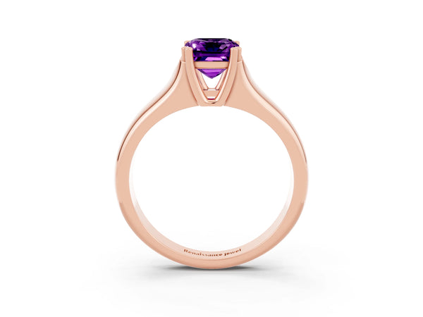Rose gold Emerald Cut Amethyst Solitaire Ring with Wide Band and Prong Setting