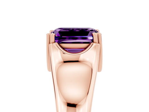 Rose gold Emerald Cut Amethyst Solitaire Ring with Wide Band and Prong Setting_5