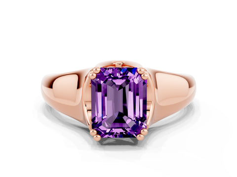 Rose gold Emerald Cut Amethyst Solitaire Ring with Wide Band and Prong Setting