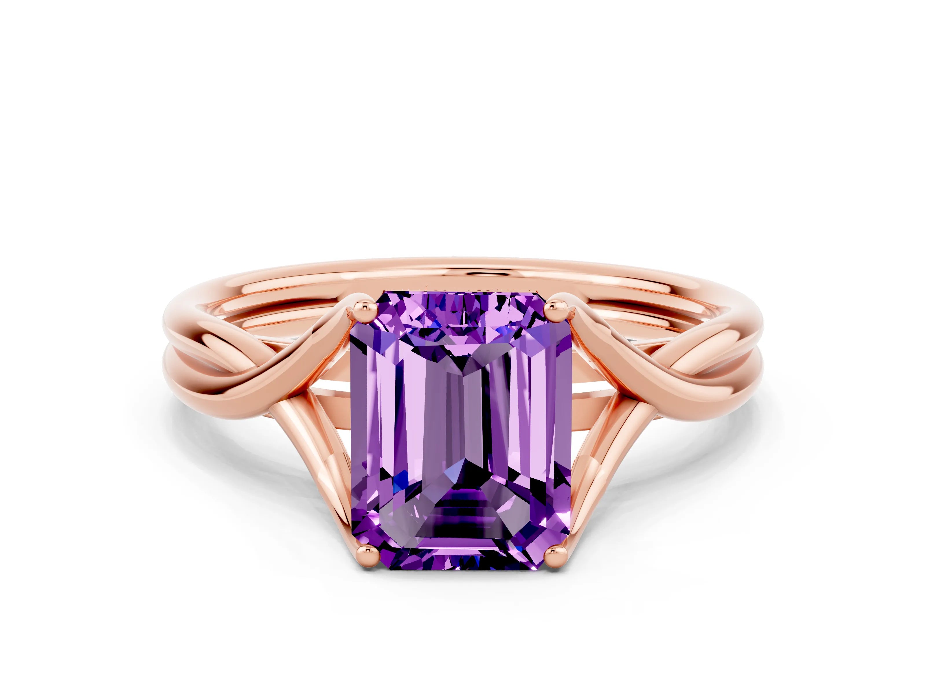 Rose gold Emerald Cut Amethyst Solitaire Twist Band Prong Setting Ring_48